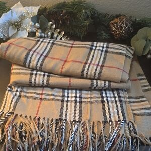 Trendy Large Plaid Tan Scarf with Fringe